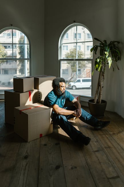 A man with curly dark hair and a beard, wearing a teal t-shirt and dark jeans, sits on the wooden floor inside a residential property with two large arched windows that allow natural light to illuminate the room. Several cardboard moving boxes with red packing tape are stacked nearby, some placed directly on the floor and others leaning against the wall, indicating a house relocation process. In the background, a potted plant with broad green leaves is positioned next to one of the windows, adding a touch of greenery to the space. The scene captures the interior during packing and moving preparations, with the man appearing to rest amidst the furniture and cardboard boxes, as part of a professional home removal or furniture transport operation. The overall environment is bright, with a neutral colour scheme and evidence of moving activity typical of house clearance and packing services provided by Haringey Removals.