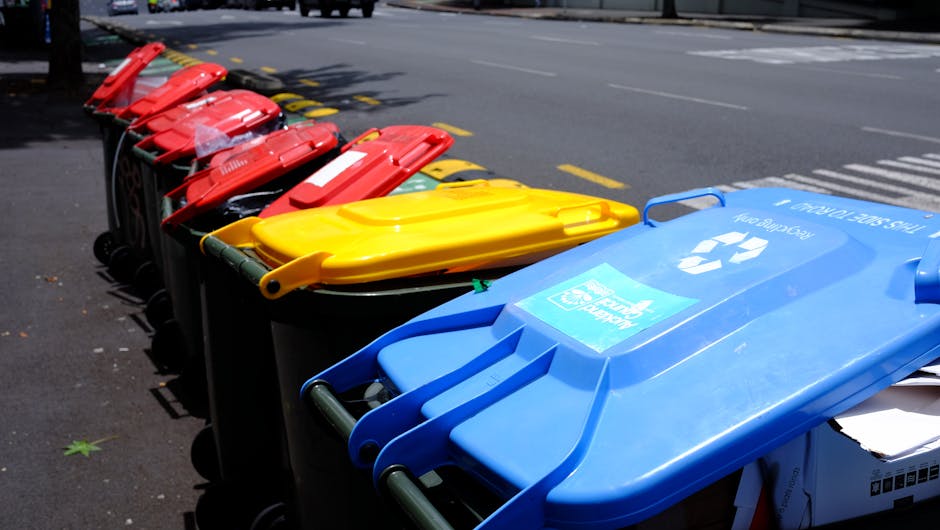 A row of waste bins with different coloured lids—red, yellow, and blue—lined up along the edge of a pavement next to a road. The blue bin, designated for recycling, is partially visible and appears to